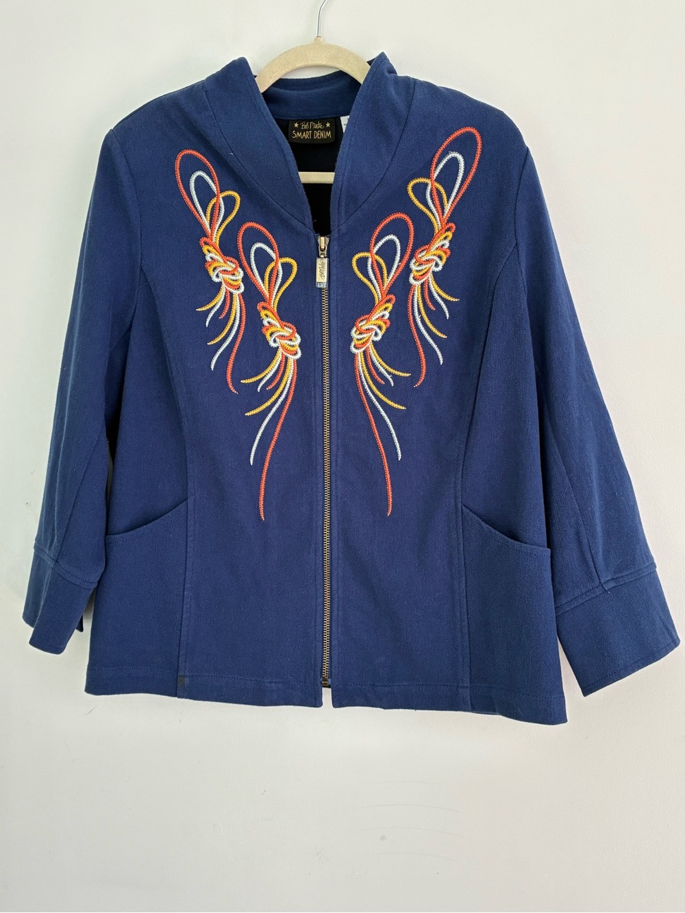 Bob Mackie Navy Hooded Jacket with Multicolor Embroidered Accents L